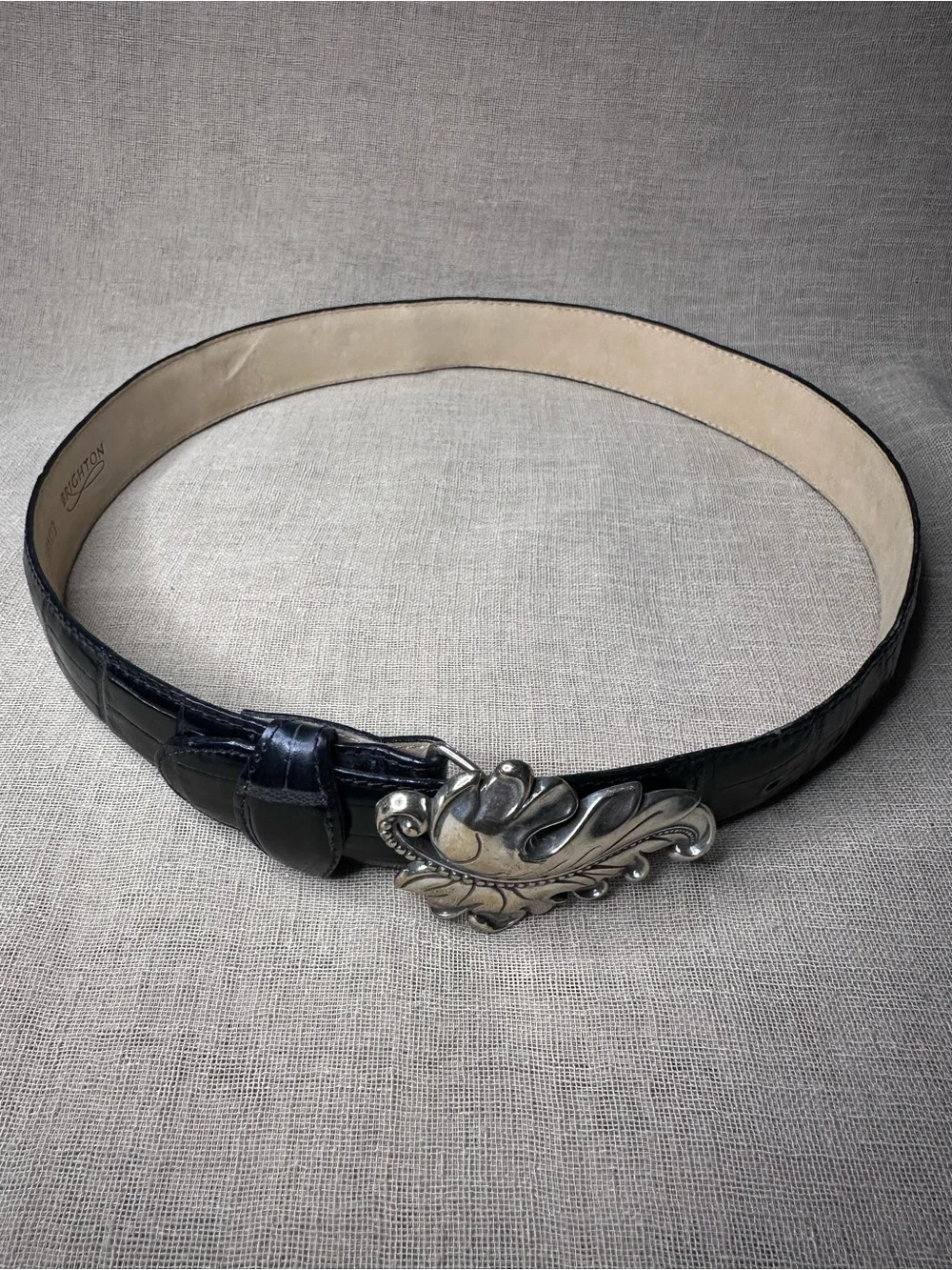 BRIGHTON Black Embossed Leather Belt Silver Leaf Buckle EUC